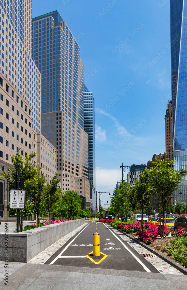 The bike path on West St. New York, United States of America The bike path on West St. New York, United States of America