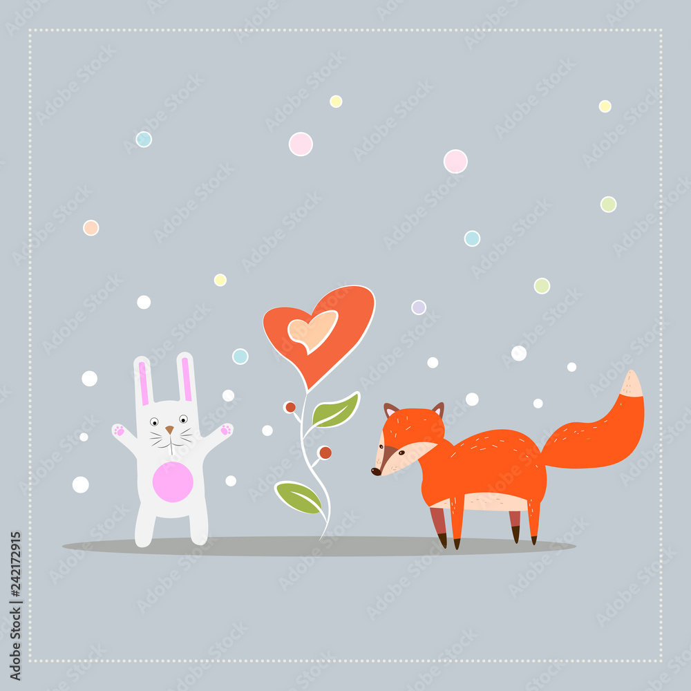 Fototapeta premium Cartoon fun little foxes fox with white rabbit and flower
