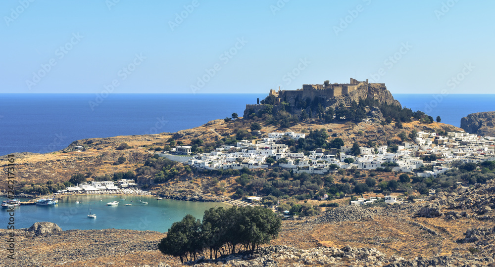 LINDOS,RHODES/GREECE OCTOBER 3 2018 :THE Acropolis of lindos.photo taken from the hill before the village entrance