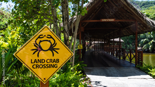 Animals crossing, sign, land crabs, Seychelles, Silhouette Island, Drive carefull photo