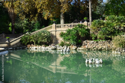 fuente con escalera reflejada