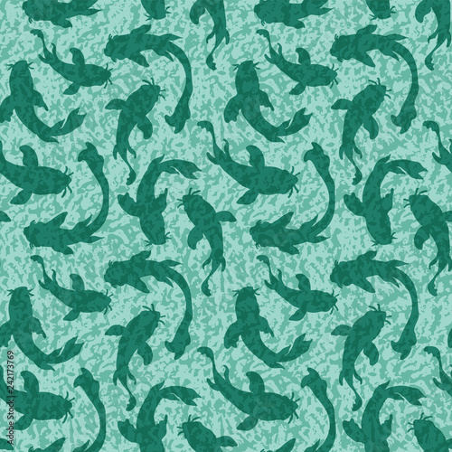 Transparent Japanese Koi fish silhouettes showing undewtaer ground texture through in marine blue green color. Seamless vector pattern background.