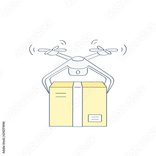 Drone delivering a package - fast autonomous logistics, purchases delivery via air. Modern outline business vector illustration.
