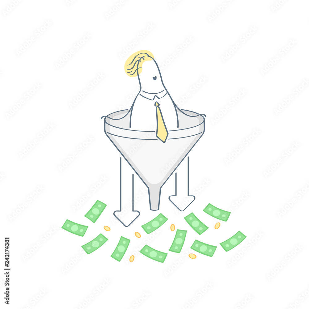 Lead generation, lead funnel or lead conversion symbol, customer sucked through a sales funnel and generate currency. Isolated vector illustration marketing design on white background Lead generation, lead funnel or lead conversion symbol, customer sucked through a sales funnel and generate currency. Isolated vector illustration marketing design on white background