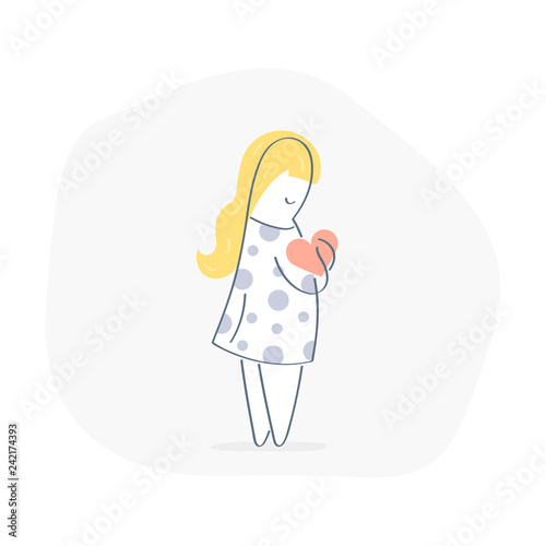 Charity and donation, girl give and share her love to people. Cartoon character holding a heart symbol in her hands