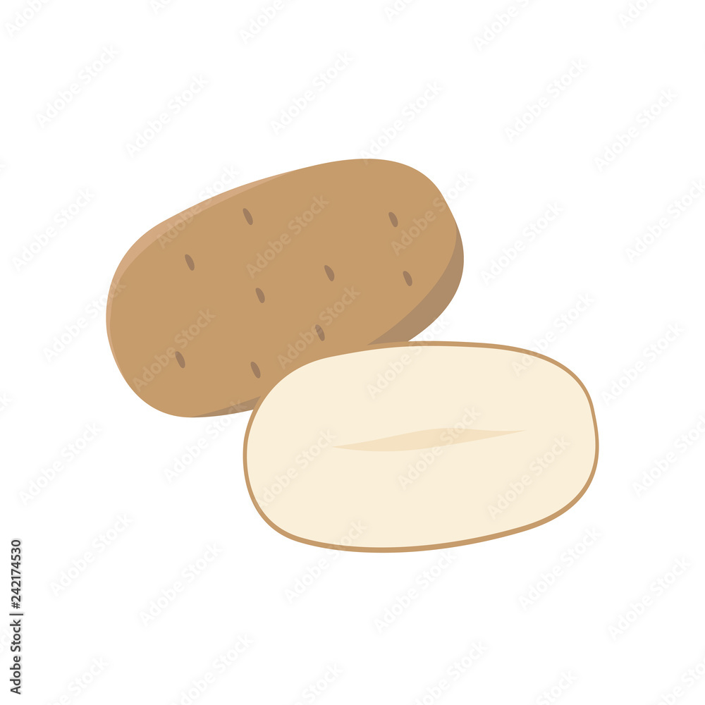 Potato vector flat illustration. Whole and halved potato isolated on white background. Packaging design element Potato vector flat illustration. Whole and halved potato isolated on white background. Packaging design element