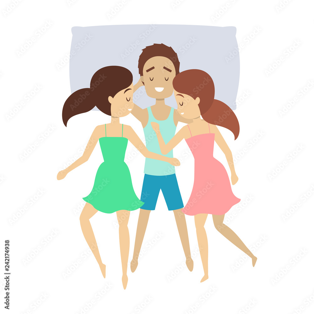 Handsome happy man sleep with two women Handsome happy man sleep with two women