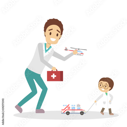 Cute kid in doctor uniform treat toy