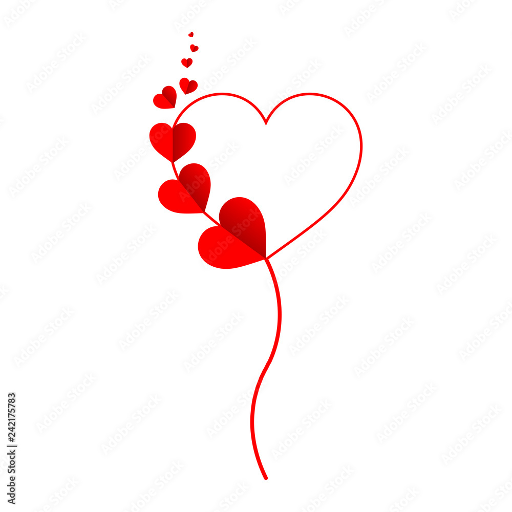 Valentine's Day card. Red hearts floating over one big white heart balloon with white background. Concept of love, commitment, celebration, being a couple.
