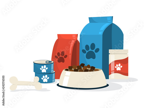 Food for pet. Dog bowl and package