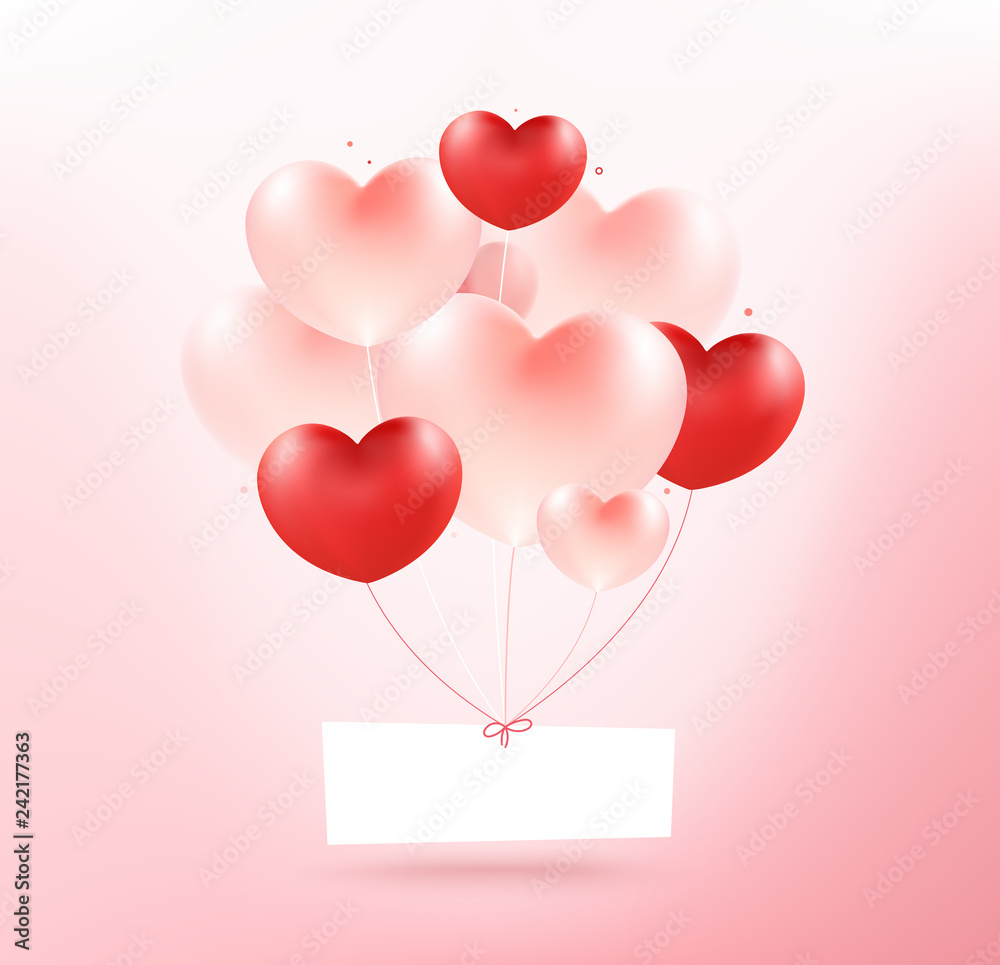 Big bunch heart balloons with white label. Love concept.