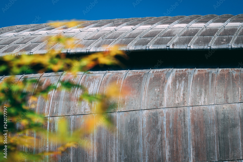 Organic urban architecture and design, greenery. Rusty steel structural sheets, used for external roofing surface with Zinc traces, contemporary building for public events. Organic urban architecture and design, greenery. Rusty steel structural sheets, used for external roofing surface with Zinc traces, contemporary building for public events.