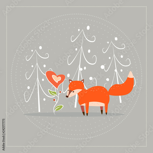 Cartoon fun little foxes fox with heart- flower