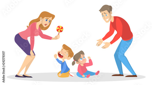 Little children cry and paretns try to calm