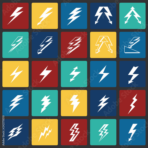 Lightning icon set on color squares background for graphic and web design, Modern simple vector sign. Internet concept. Trendy symbol for website design web button or mobile