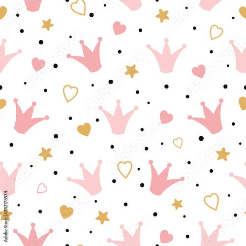 Seamess pattern with doodle pink crowns hearts Vector baby girl wallpaper Little princess design