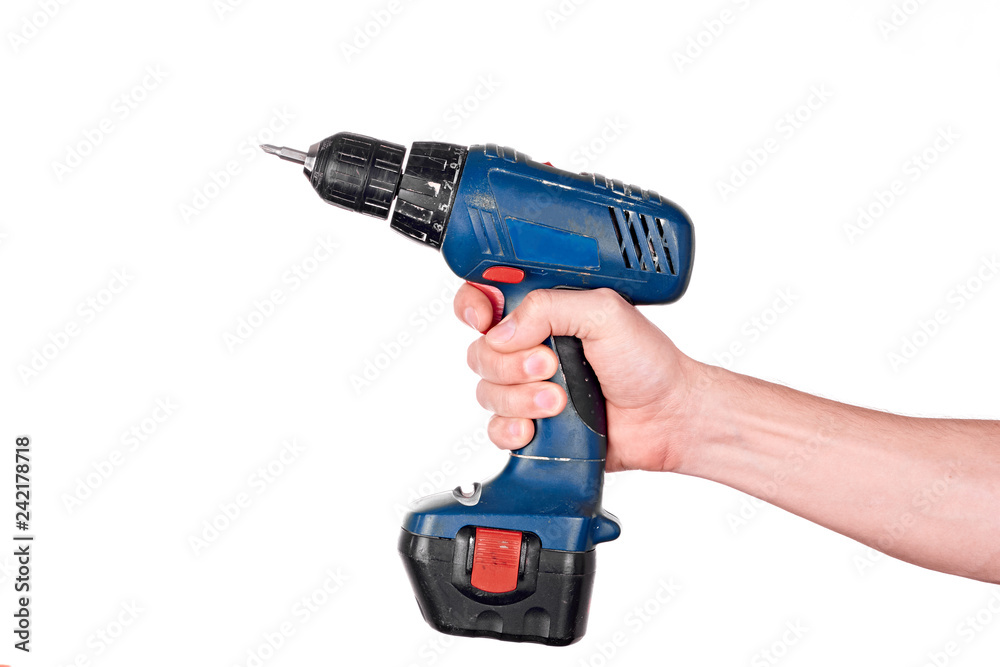 Hand holding screwdriver on white background Hand holding screwdriver on white background