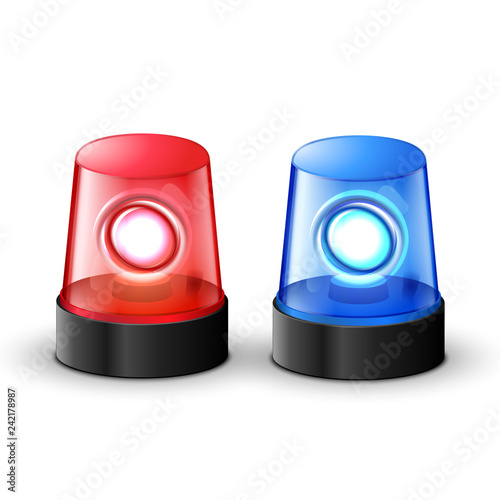 Red blue flashing police beacon alarm. Police light siren emergency equipment. Danger flash ambulance beacon