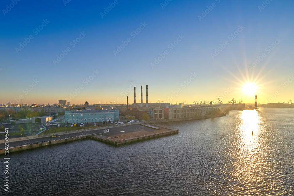 View of the Neva River Delta in St. Petersburg in the rays of the morning sun
