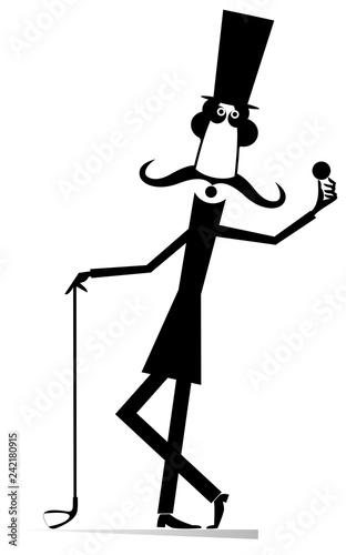 Gentleman a golfer isolated illustration. Mustache gentleman in the top hat with golf club holds a golf ball in the hand black on white illustration 