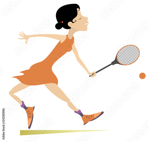Pretty young woman playing tennis isolated illustration. Young woman with a tennis racket beats a ball isolated on white
