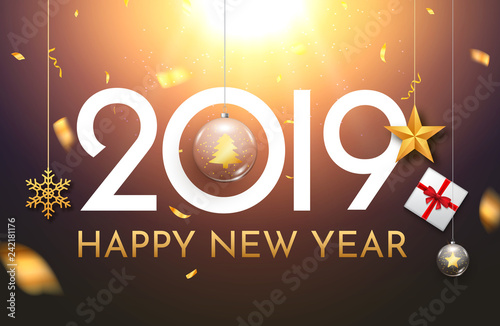 2019 new year shining background with ball. Happy new year 2019 celebration decoration poster, festive card template photo