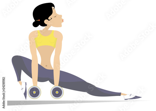 Pretty young woman does exercises with dumbbells isolated. Cartoon young woman does exercises with dumbbells isolated illustration