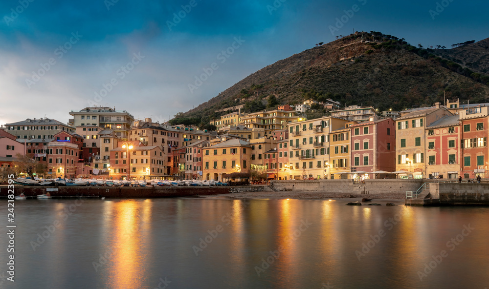 Nervi, Genoa at night with reflections on the bay