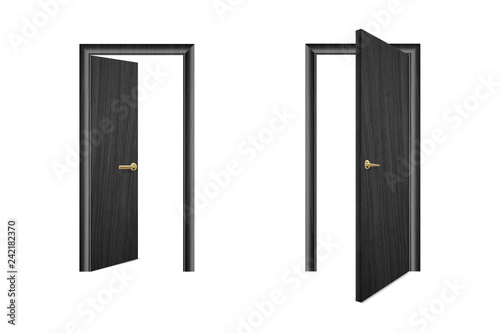 Vector Realistic Different Opened and Closed Black Wooden Door Icon Set Closeup Isolated on Brown Background. Elements of Architecture. Design template of Classic Home Door for Graphics. Front View