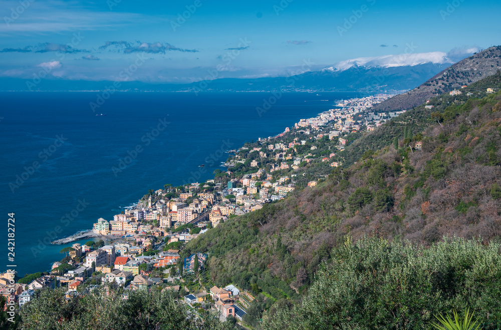 Elevated view along the coastline of Genoa