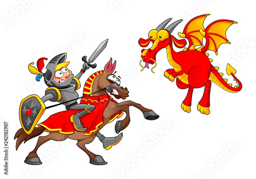 Knight on horse fighting the dragon