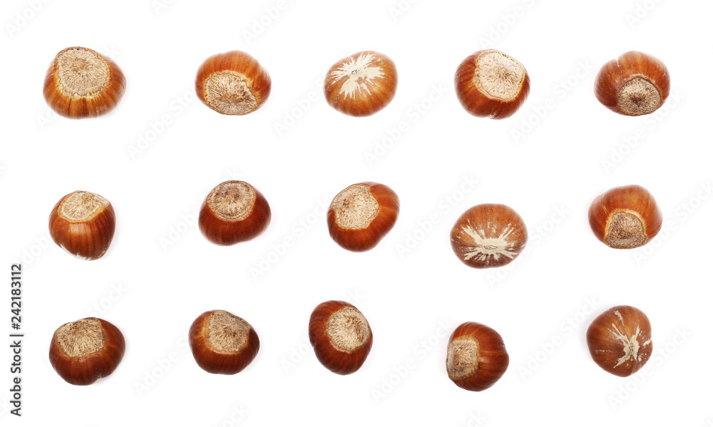 set hazelnuts isolated on white background, top view set hazelnuts isolated on white background, top view
