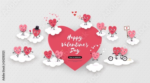 Happy Valentines Day festive design, Love, 3d paper cut loving hearts, vector