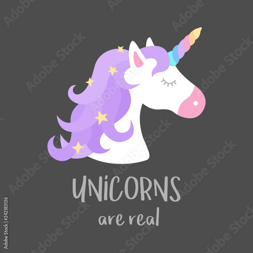 Unicorns are real quote  vector illustration icon. Cute colorful unicorn graphic print isolated on grey background.