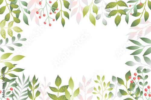Vector illustration of spring leaves in flat style. Floral background with copy space for text, tender plants branches for poster, banner, wedding card template