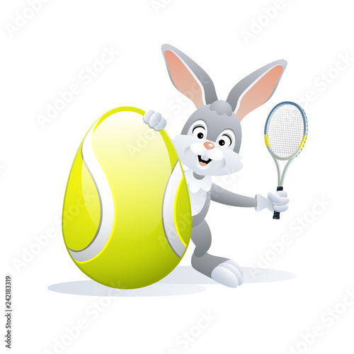 Easter sports greeting card. Cute Rabbit with Tennis Egg and Tennis racket. Vector illustration.
