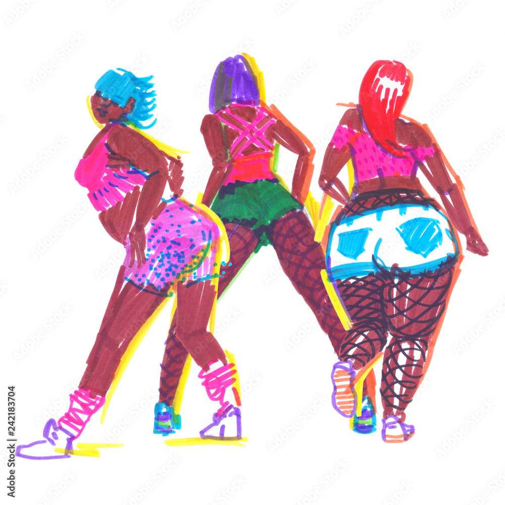Fototapeta premium Three confident booty dancers in bright clothes. Sketch illustration painted in highlighter felt tip pen on clean white background