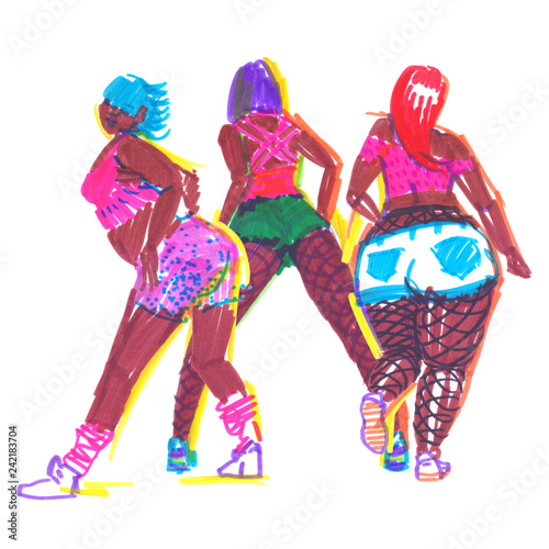 Three confident booty dancers in bright clothes. Sketch illustration painted in highlighter felt tip pen on clean white background photo