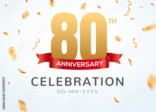 80 Anniversary gold numbers with golden confetti. Celebration 80th anniversary event party template