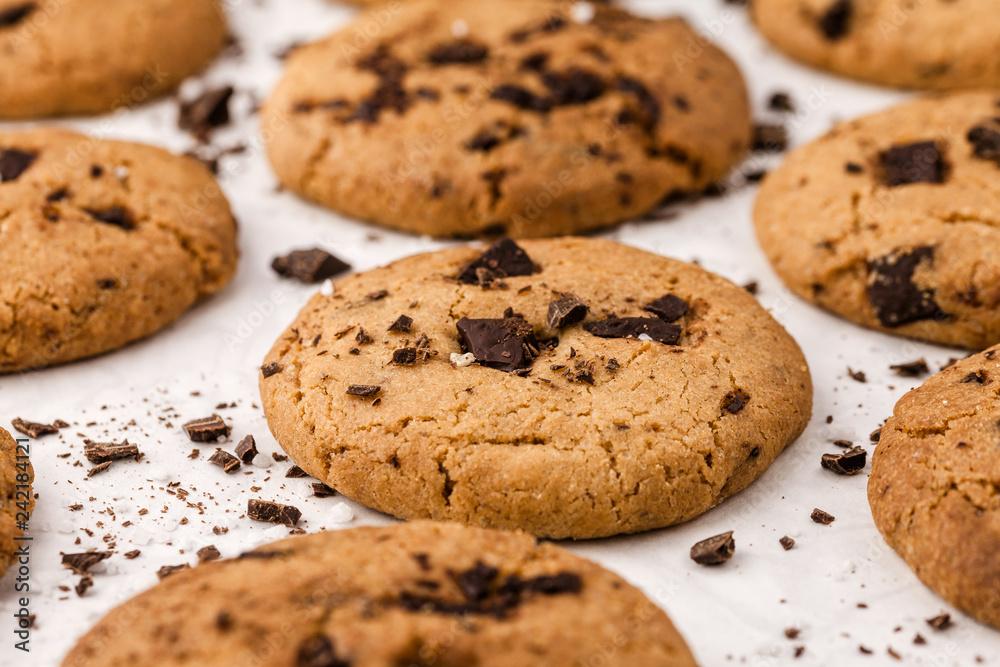 Homemade chocolate chips cookies on white background, top view Homemade chocolate chips cookies on white background, top view