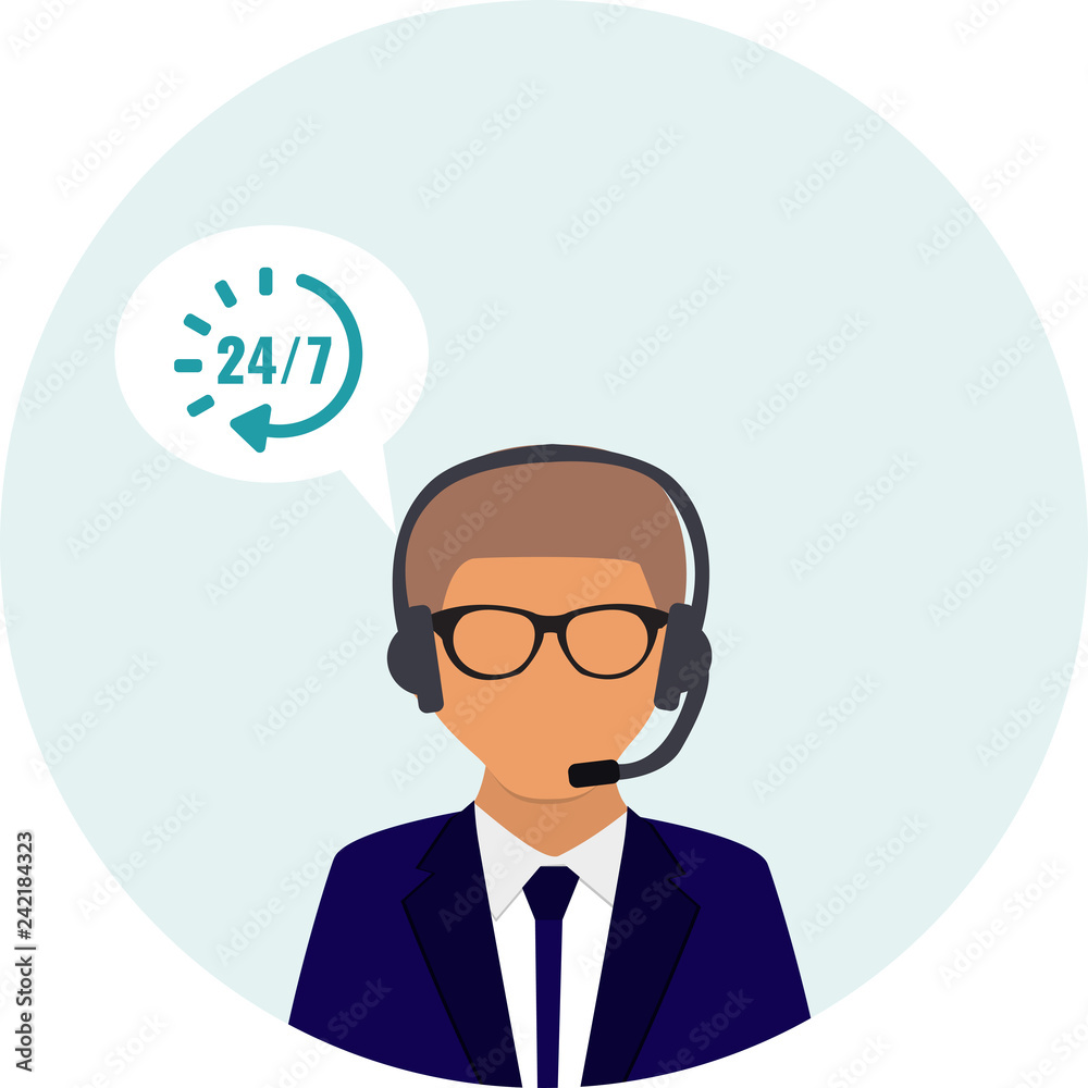 Call center service 24 hours. Operator consultant man icon design.  Customer service icon. Vector illustrator