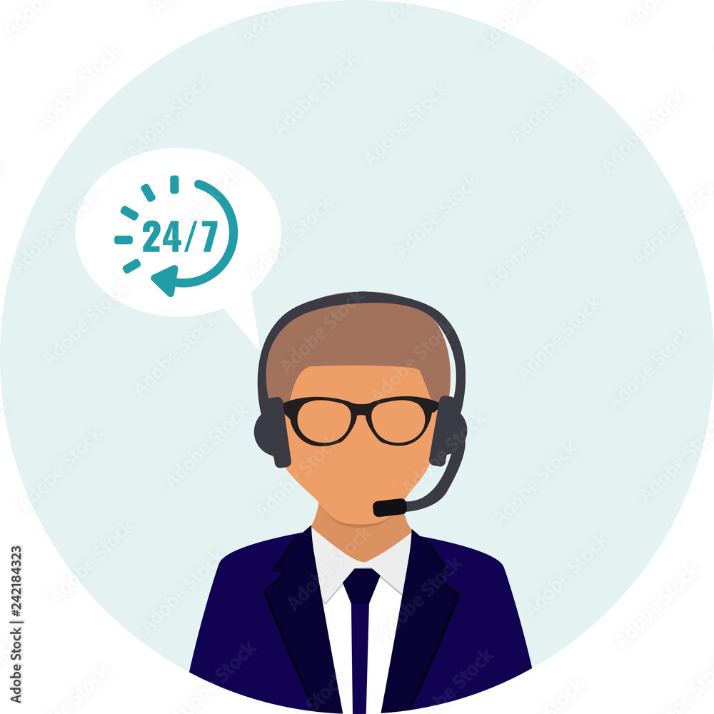 Call center service 24 hours. Operator consultant man icon design. Customer service icon. Vector illustrator Call center service 24 hours. Operator consultant man icon design. Customer service icon. Vector illustrator