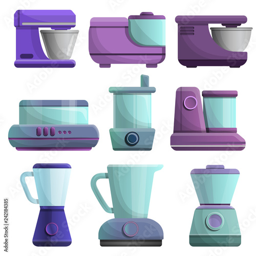 Food processor icon set. Cartoon set of food processor vector icons for web design