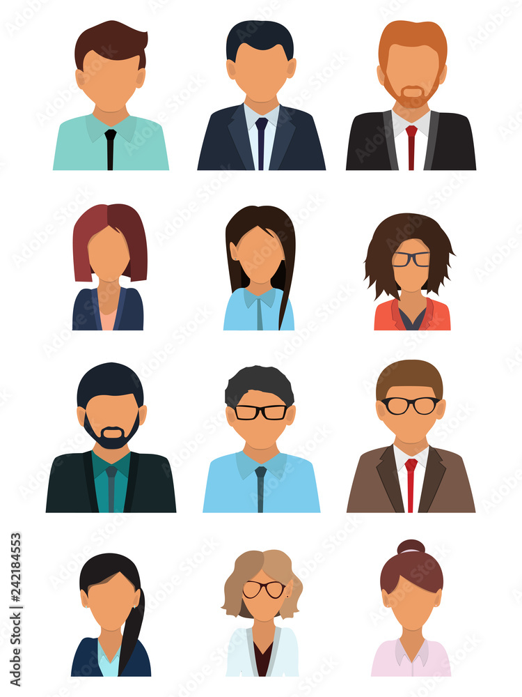 Male and female faces avatars. Businessman and businesswoman avatar icons. Team icons collection. Flat vector icons set. Vector illustration Male and female faces avatars. Businessman and businesswoman avatar icons. Team icons collection. Flat vector icons set. Vector illustration