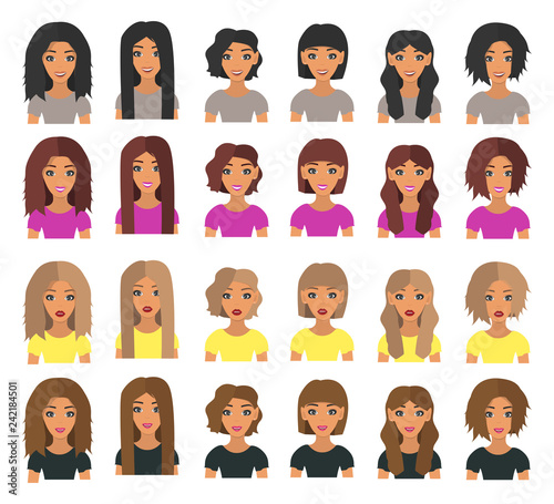 Set of woman avatars with different hair style. Beautiful young woman  with different hairstyles. Short hair and long hair brunette, blonde, light brown and chestnut hair . Vector illustration