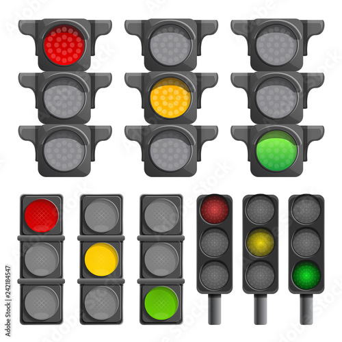 Traffic lights icon set. Cartoon set of traffic lights vector icons for web design