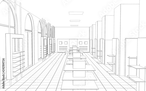 shop  mall  shopping mall  contour visualization  3D illustration  sketch  outline