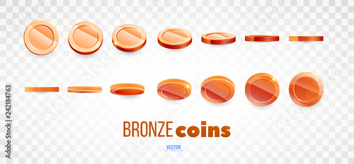 A set of bronze coins. Realistic ten coins from different angles of view. Isolated on white. For your online casino design