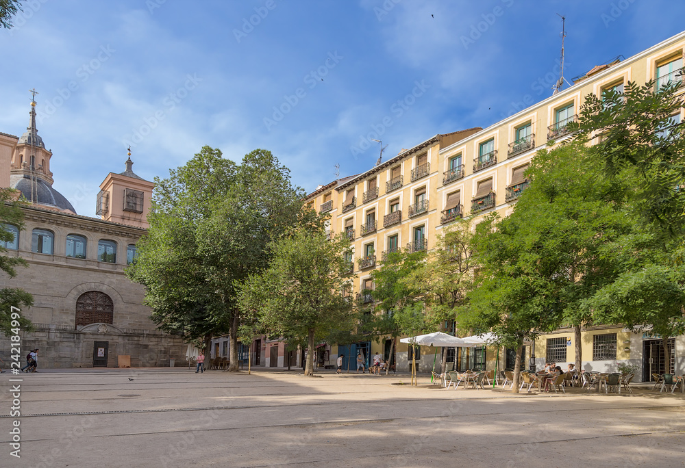 Madrid, Spain. Thatched square (Plaza de la Paja). Left - Episcopal chapel or Capilla de Nuestra Señora y San Juan de Letrán, XVI century