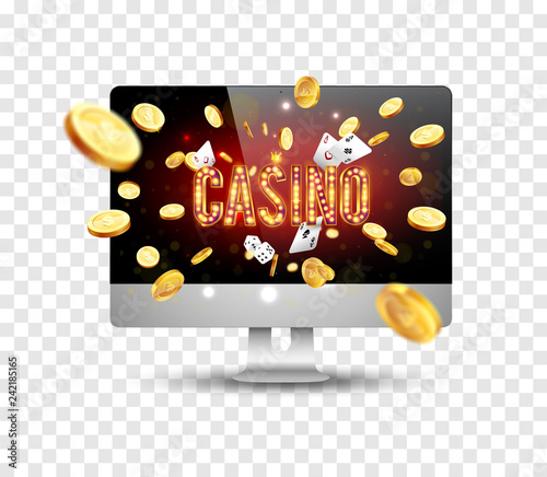 Bright banner for online casinos, poker, roulettes or slots. Coins are falling from the laptop. The big jackpot. You are the winner